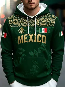 Men's Mexican Eagle Flag Hoodie, Aztec Print, Loose-Fit, All Seasons, Casual Streetwear, Ethnic Style, Fall Winter Fashion