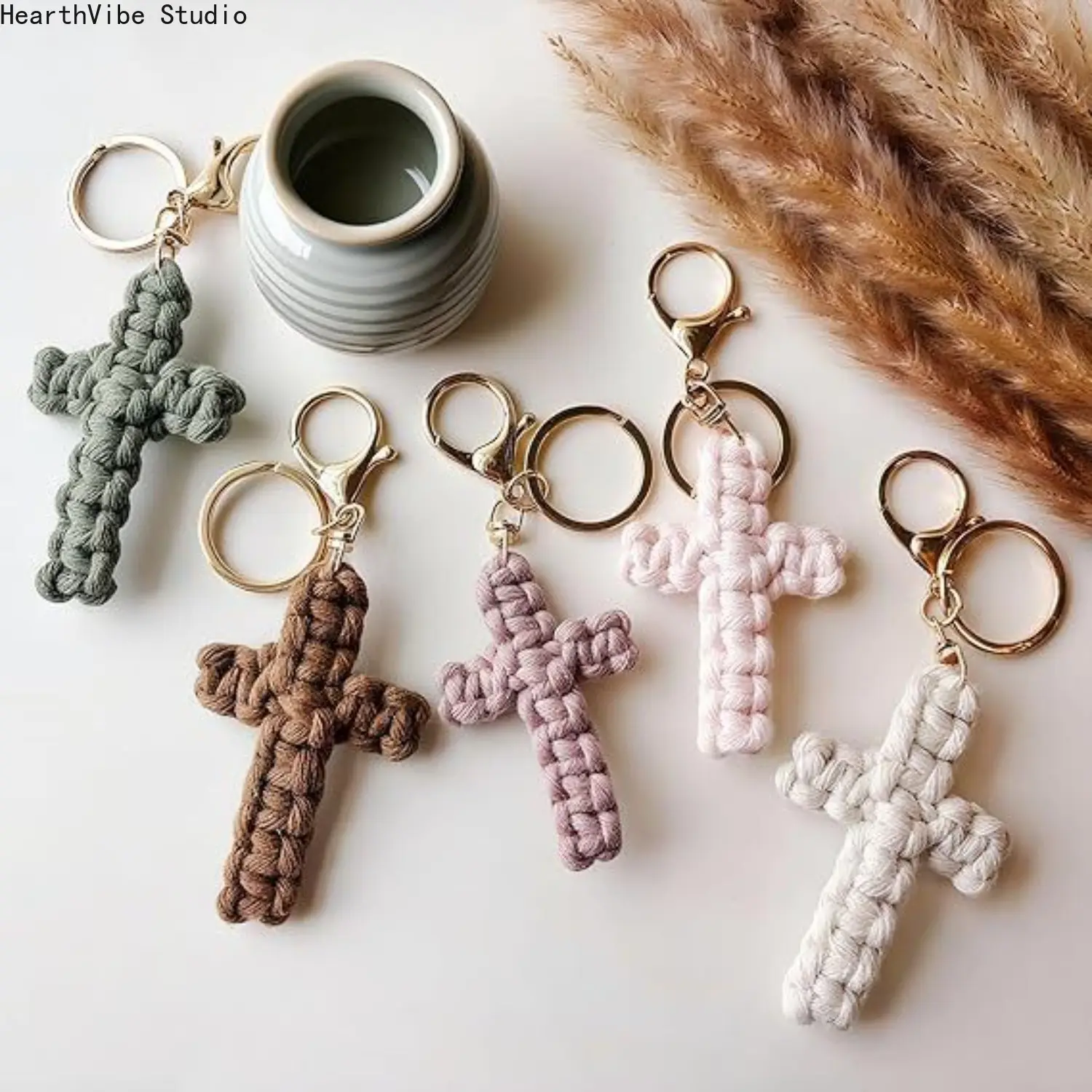 Handmade Macrame Cross Keychain Pink Woven Cotton Rope Key Ring Christian Jesus Charm For Purse Backpack Handbag Car Rearview Mirror Hanging Pendant Boho Decor Baptism Religious Gift