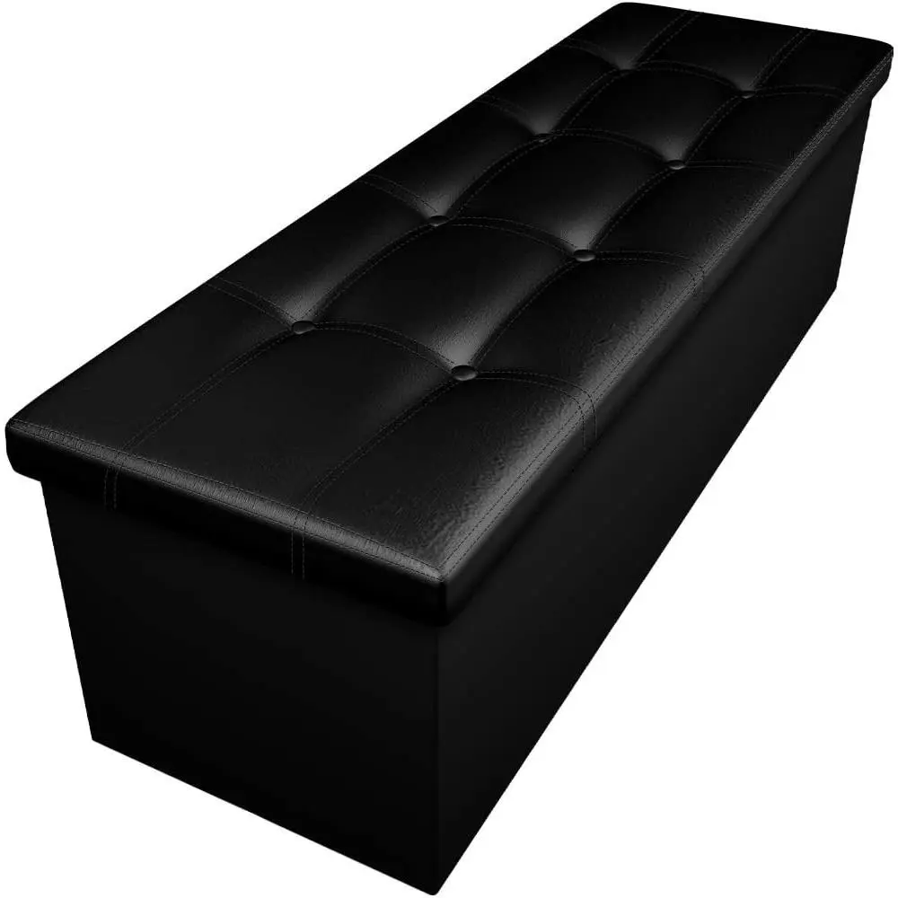 43 Inch Folding Storage Ottoman Bench 125L Hold up 700lbs Ottoman with Storage Chest Foam Seat Padded Foot Rest Stool Faux Leather Bedroom Bench with Storage Coffee Table Black