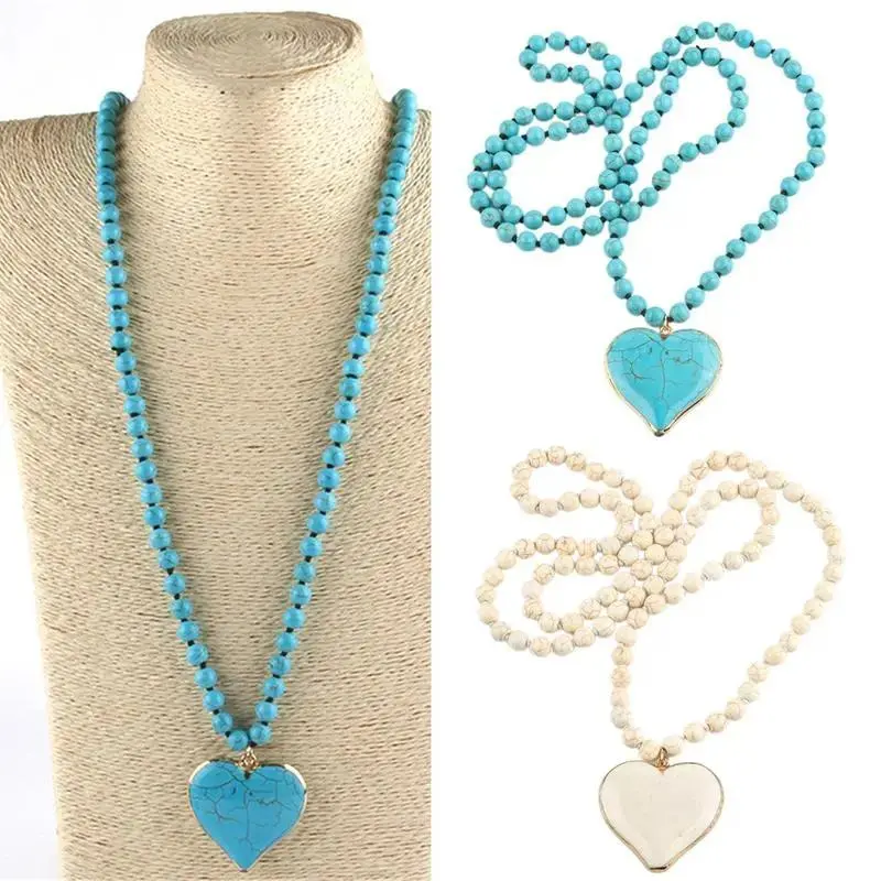 Boho Vintage Turquoise Jewelry, Long Statement Necklace Handcrafted with Turquoise for a Coastal Beach Look, All Seasons Costume Wear
