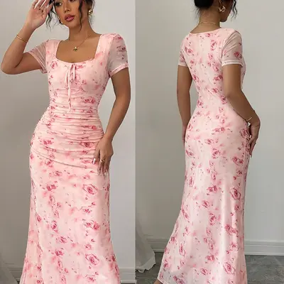Burgundy Floral Print Mesh Maxi Dress Pretty Little Thing
