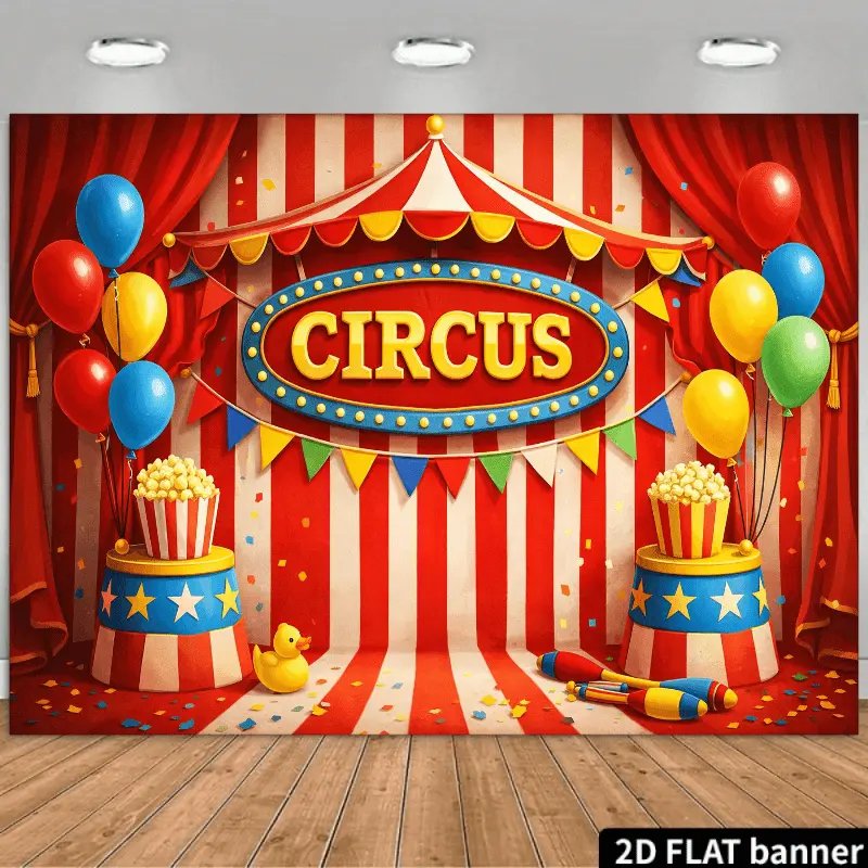 Vintage Circus Tent & Popcorn Backdrop, Carnival Theme Birthday Party Banner, Festive Event Photo Booth Background, Kids Playroom Wall Decor