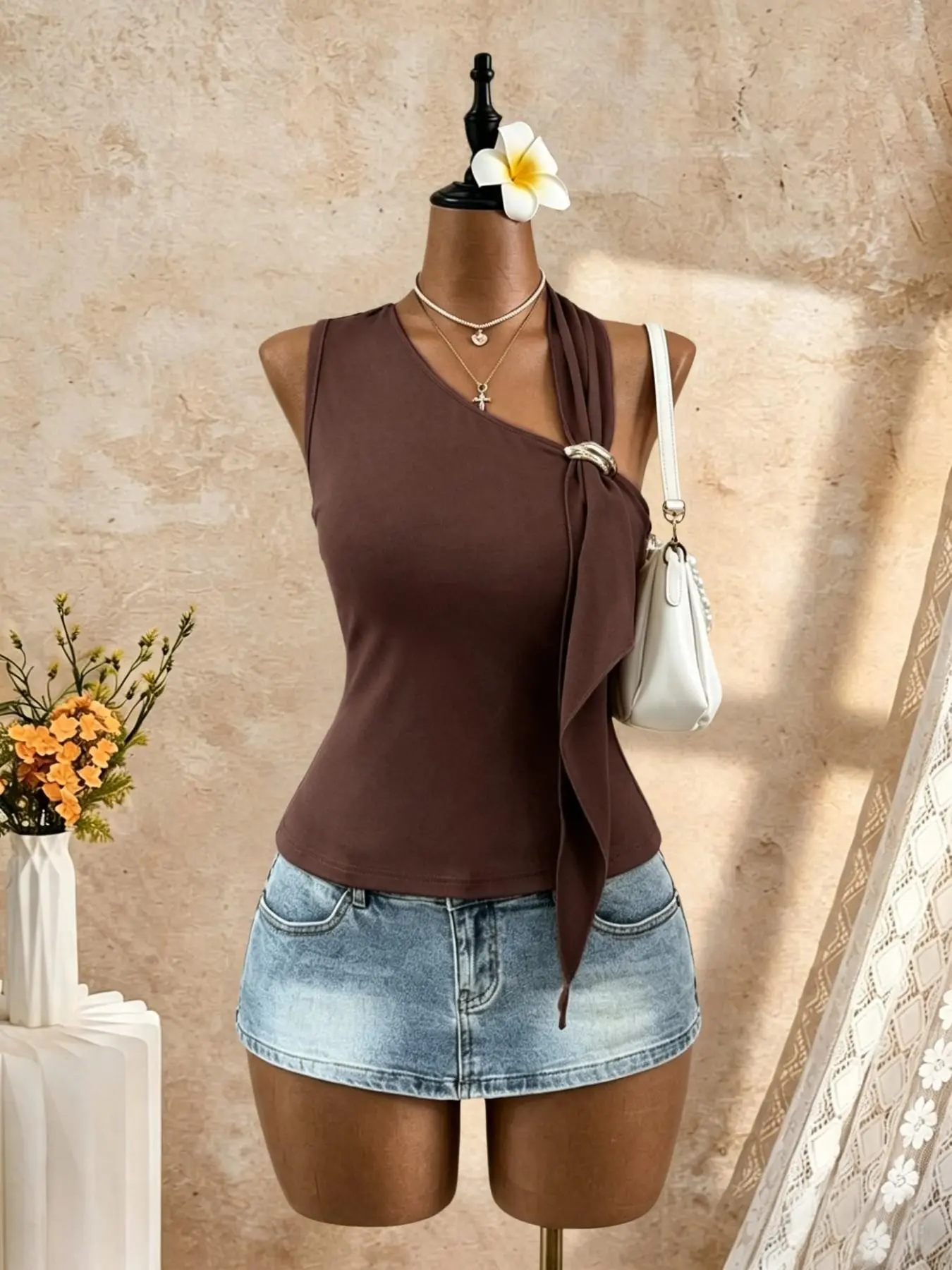 Elegant Silver Color Asymmetrical Strap Top, Slimming Sleeveless Summer Vest, Pure Color Women's Fashion, Single Piece