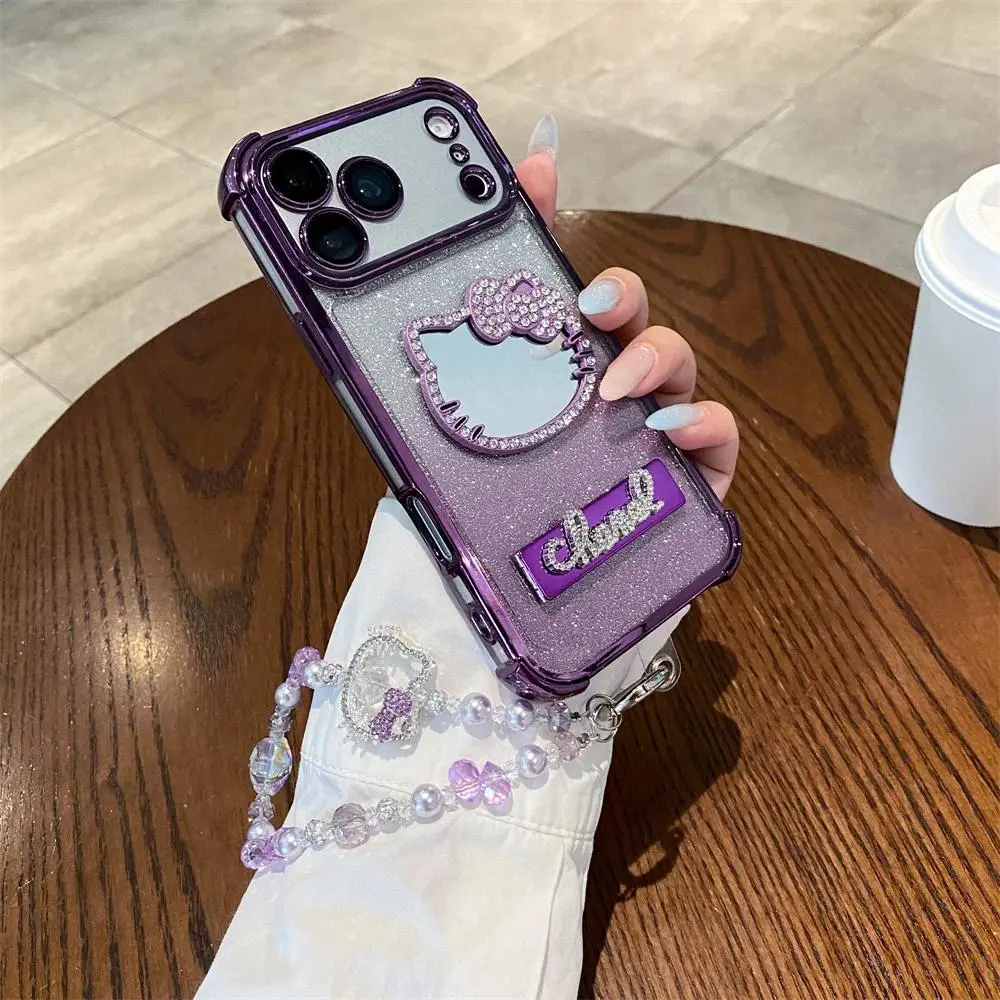 High-end Rhinestone KT Cat Mirror Crystal KT Bracelet Phone Case For iPhone 17 16 15 14 13 12 11 Pro Max Plus, Four-Corner Shockproof Protective Case