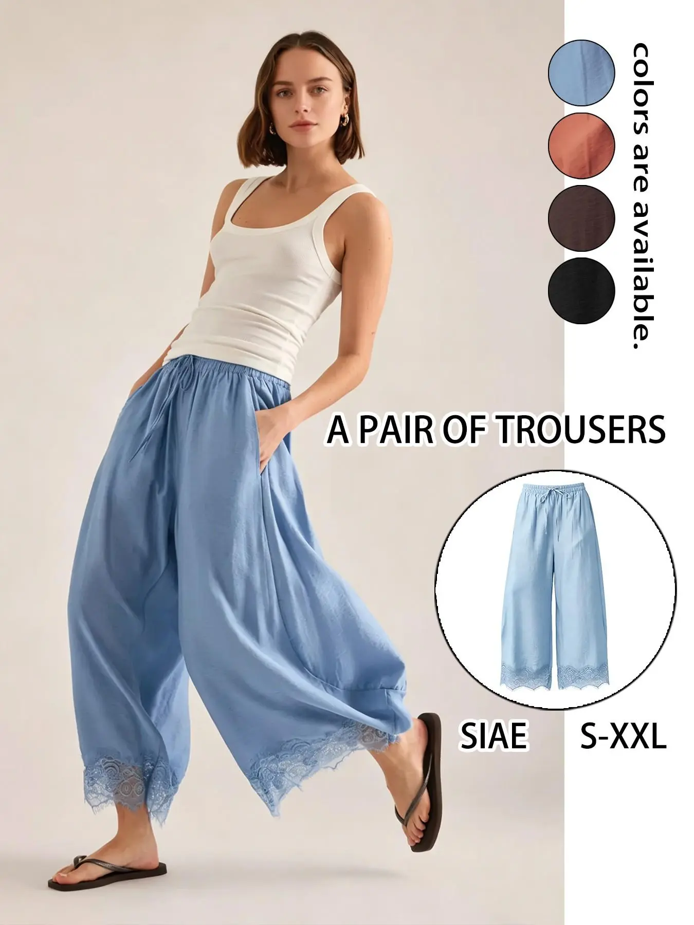 1pc Women's Curved Wide-Leg Pants, Elastic Waist Long Trousers with Exquisite Lace Spliced Hem, Elegant Slim-Fit Lace Wide Leg Pants, Wide Legged Pants