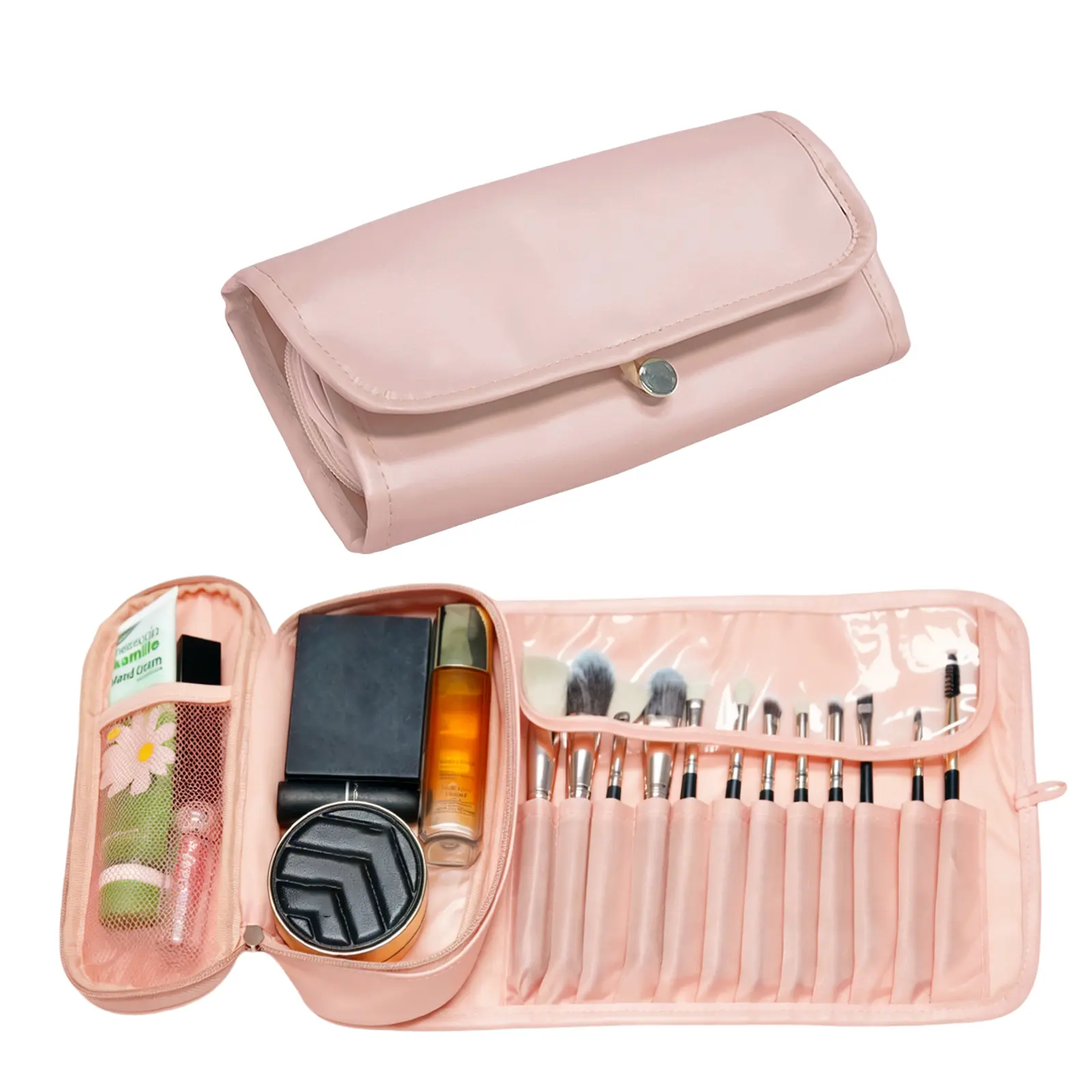 Folding Makeup Brush Bag,Travel Toiletry Bag with Separate Brush Compartment for Brushes & Skincare, Toothbrush Holder,Rollup & Open Flat cosmetic Organizer,Portable Waterproof &Hanging (PINK