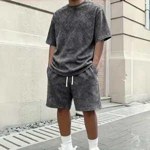 Solid-color washed cotton men’s summer set: casual commuting crew-neck short-sleeve T-shirt + shorts two-piece set, retro 2000s style. Suitable for running, golf, fishing, basketball, camping, gym, swimming, and beach; an ideal gift for men.