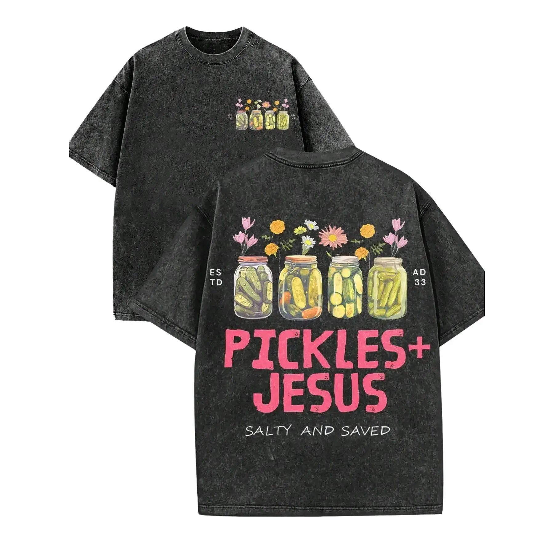 Cute Retro Vintage Pattern T-Shirt, Pickled Cucumber Glass Jar With Flower Pattern T-Shirt, "PICKLES+JESUS", "SALTY AND SAVED" Christian "Redeemed" Faith Dressing T-Shirt... Retro Loose T-Shirt, Round Neck Menswear Distressed Tshirt