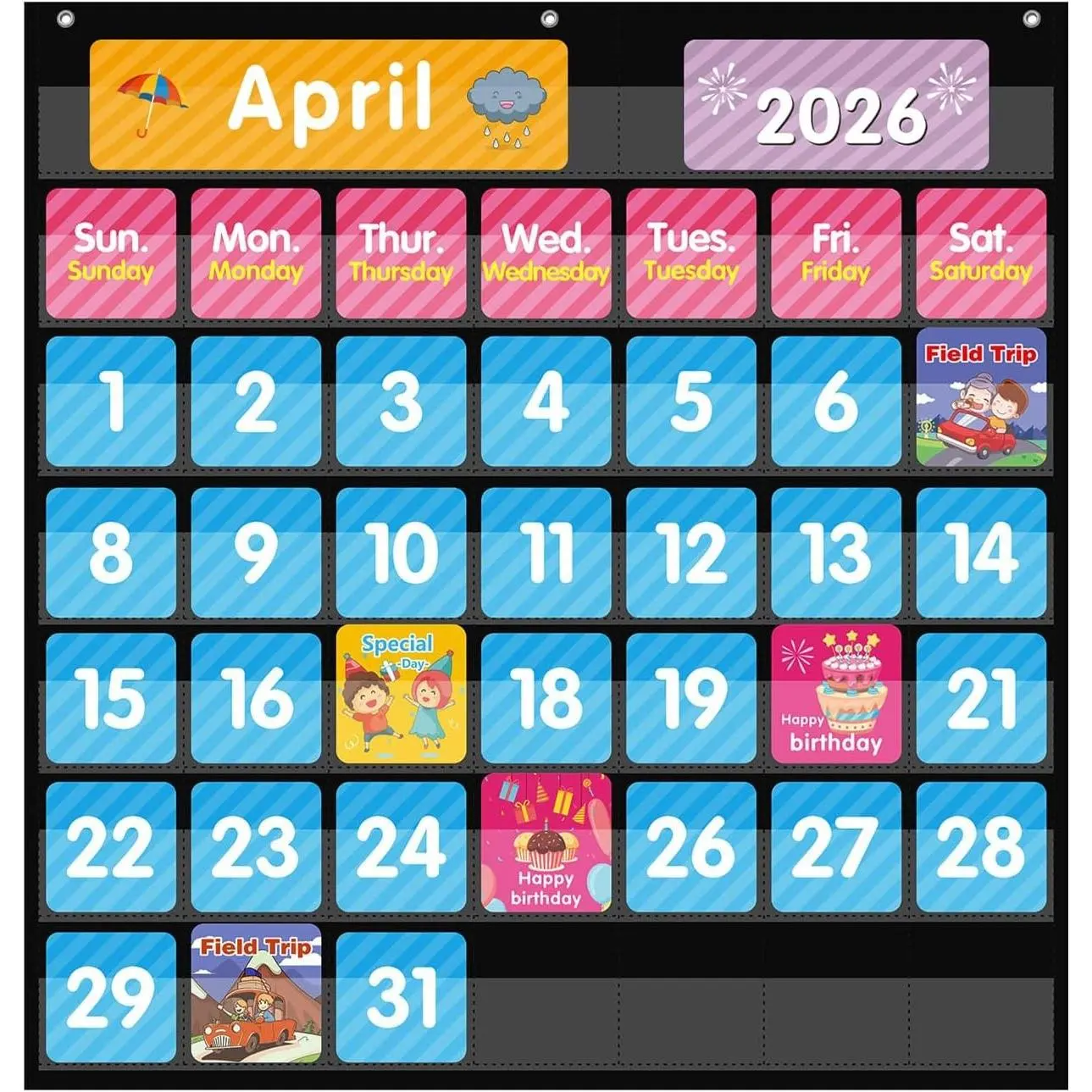 Large 44-Pocket Monthly Calendar & Weather Pocket Chart for Classroom with 85 Cards, 25" x 24" Black Hanging Chart for Kids Learning at Home or School
