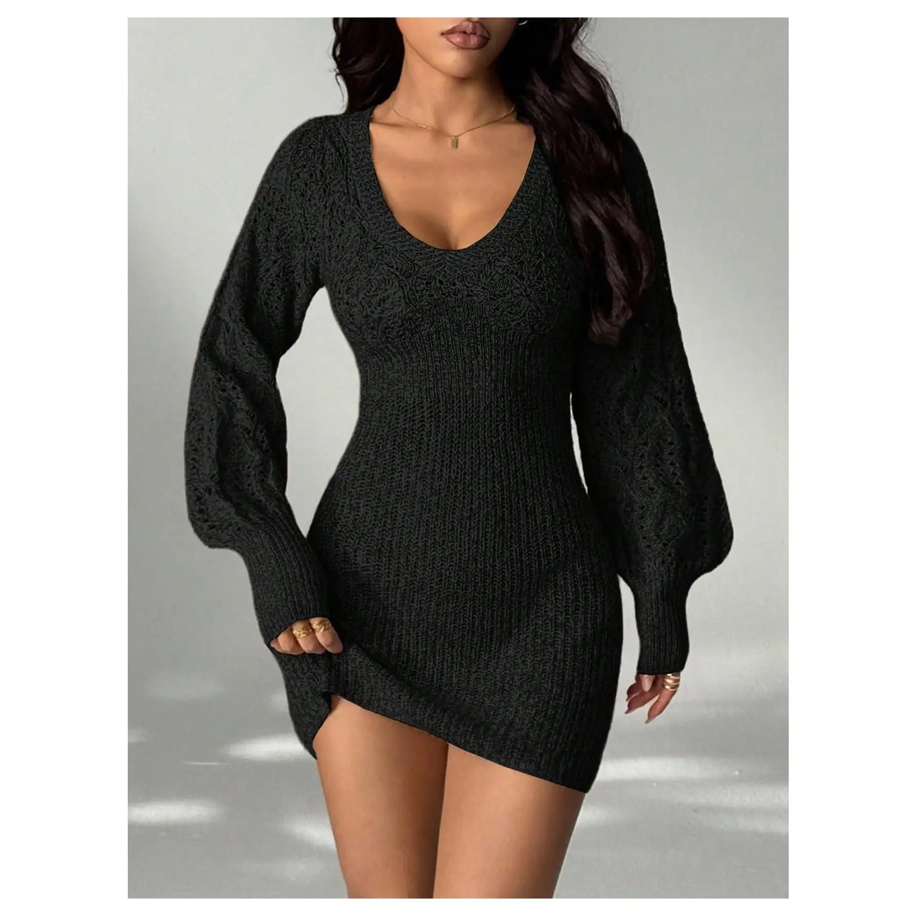 Women's Long Sleeve V Neck Knit Crochet Sweater Dress Fall Winter Bodycon Mini Dresses