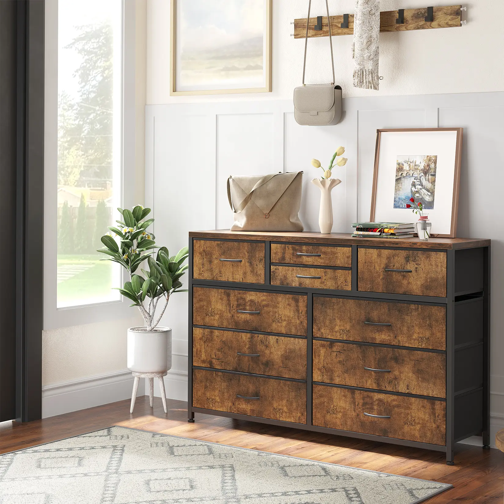 45-Inch Modern 10-Drawer Wooden TV Console - Multi-Use Home Entertainment TV Stand with Storage, Spacious Fabric Drawers, Premium Wood Top, Reinforced Steel Frame, Sturdy Storage Organizer for Bedroom, Living Room, Tv Console With Storage
