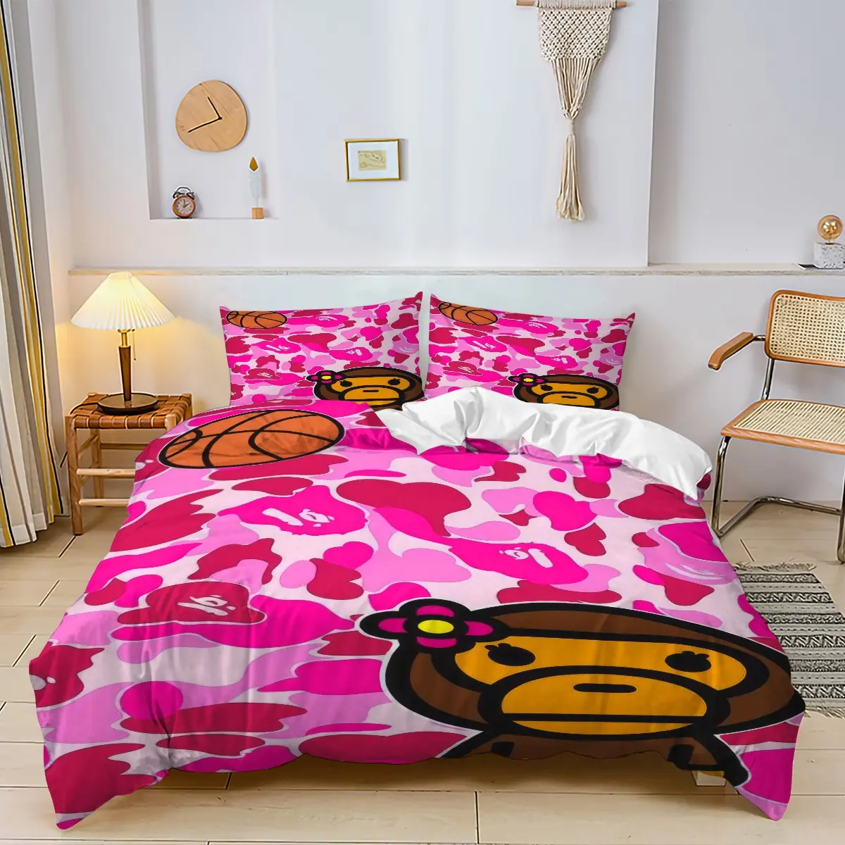 Pink Camo Cartoon Monkey Sport 2/3pcs Duvet Cover Set, No Filling Included, Corner Ties Bedding Set, Fade Resistant Comforter Cover Set, Cute Cartoon Sport Themed Decor For Bedroom, Dorm, RV, Guest Room, Comfy Bedding Sets