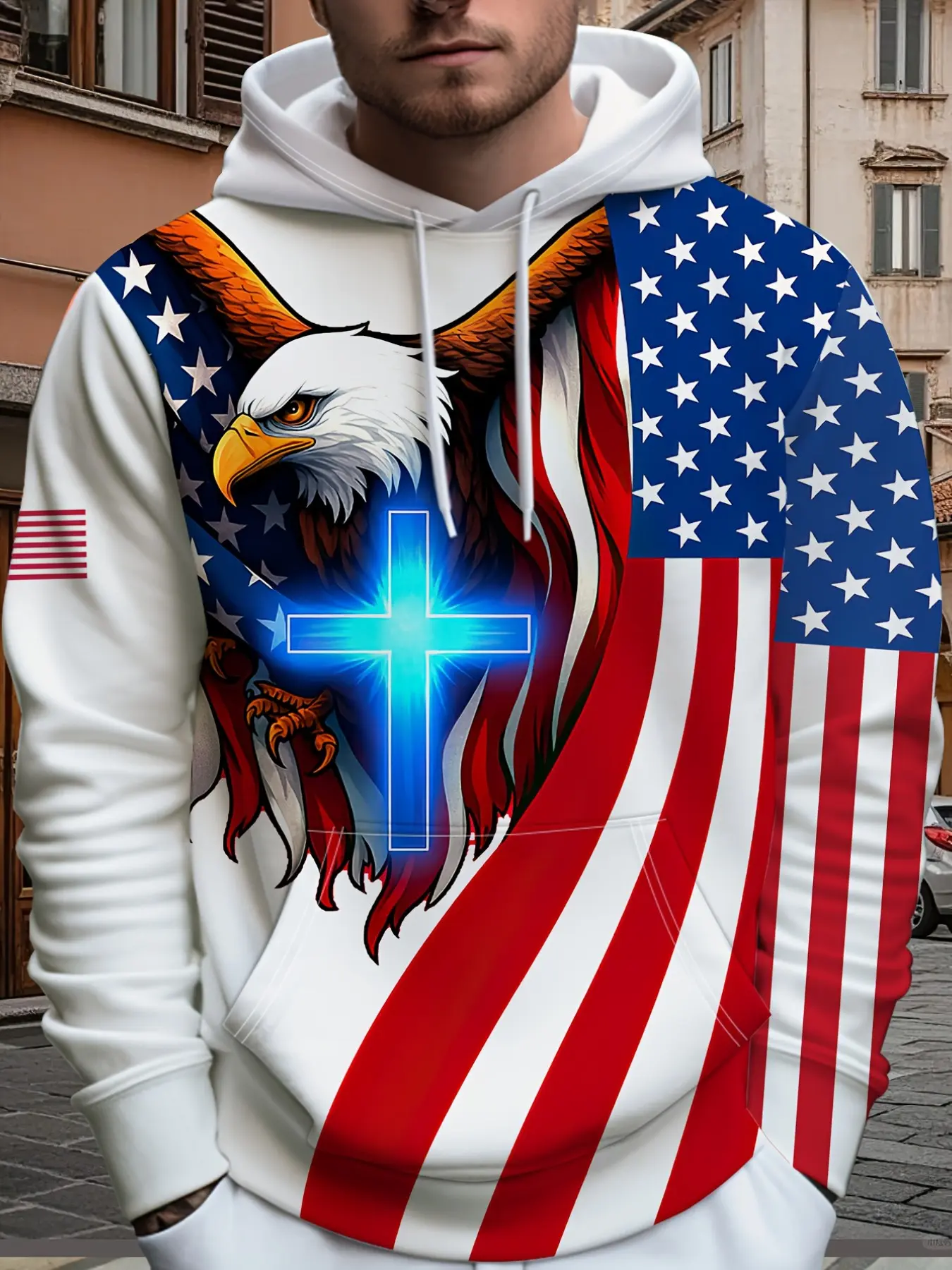 American Flag Eagle Graphic Hooded Sweatshirt, 3D Print Trendy Unisex Outerwear, Casual Fall & Winter Pullover Hoodie