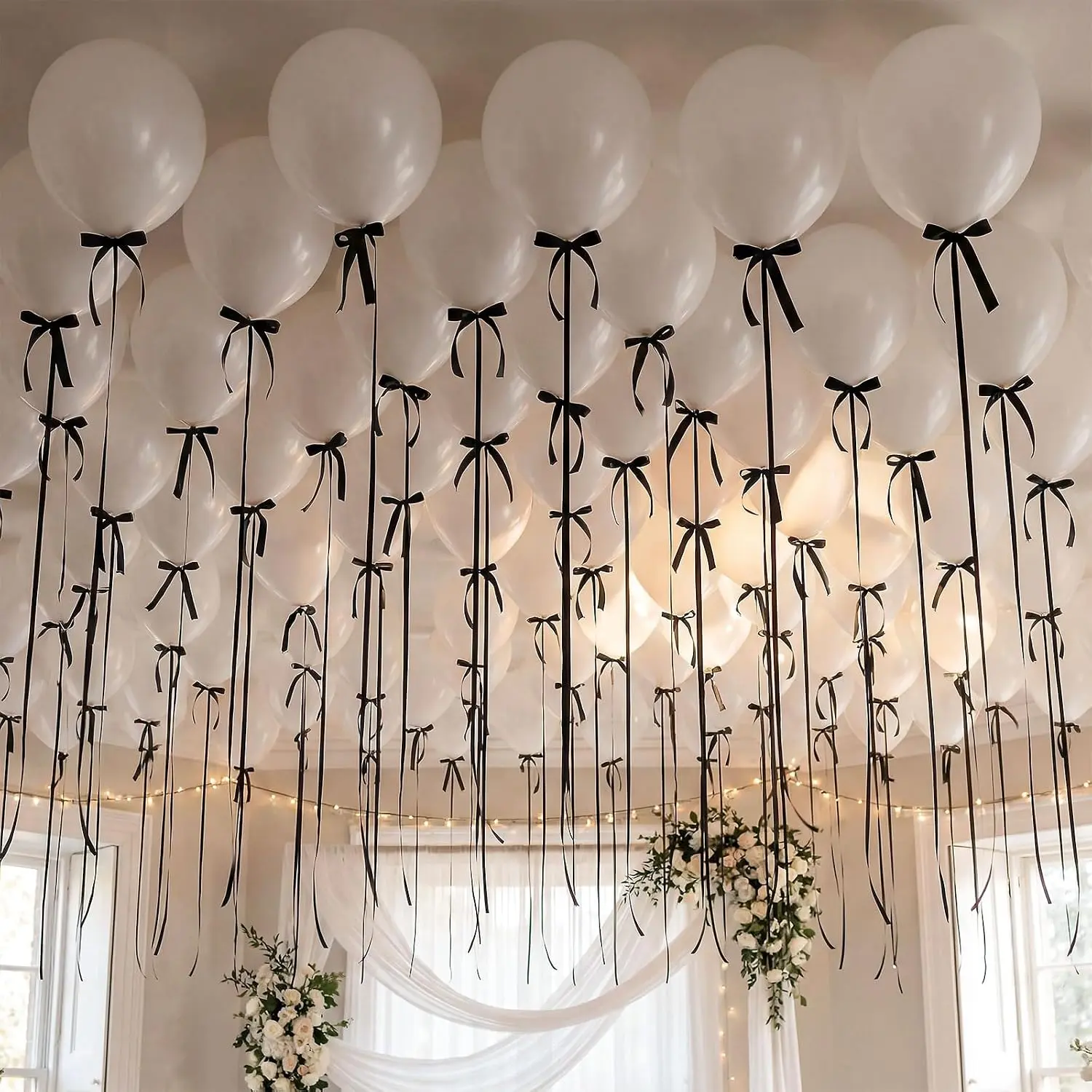Gejoy 59pcs Ceiling Balloons Decoration Set, 12'' Macaron White Balloons with Black Bow