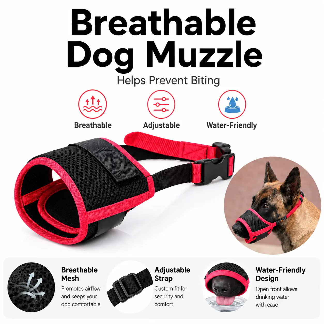 Breathable Dog Muzzle, Adjustable Anti-Bite Mesh Muzzle for Dogs, Helps Prevent Biting, Chewing, Scavenging & Destructive Behavior, Drink-Friendly for Training, Walking, Grooming & Vet Visits