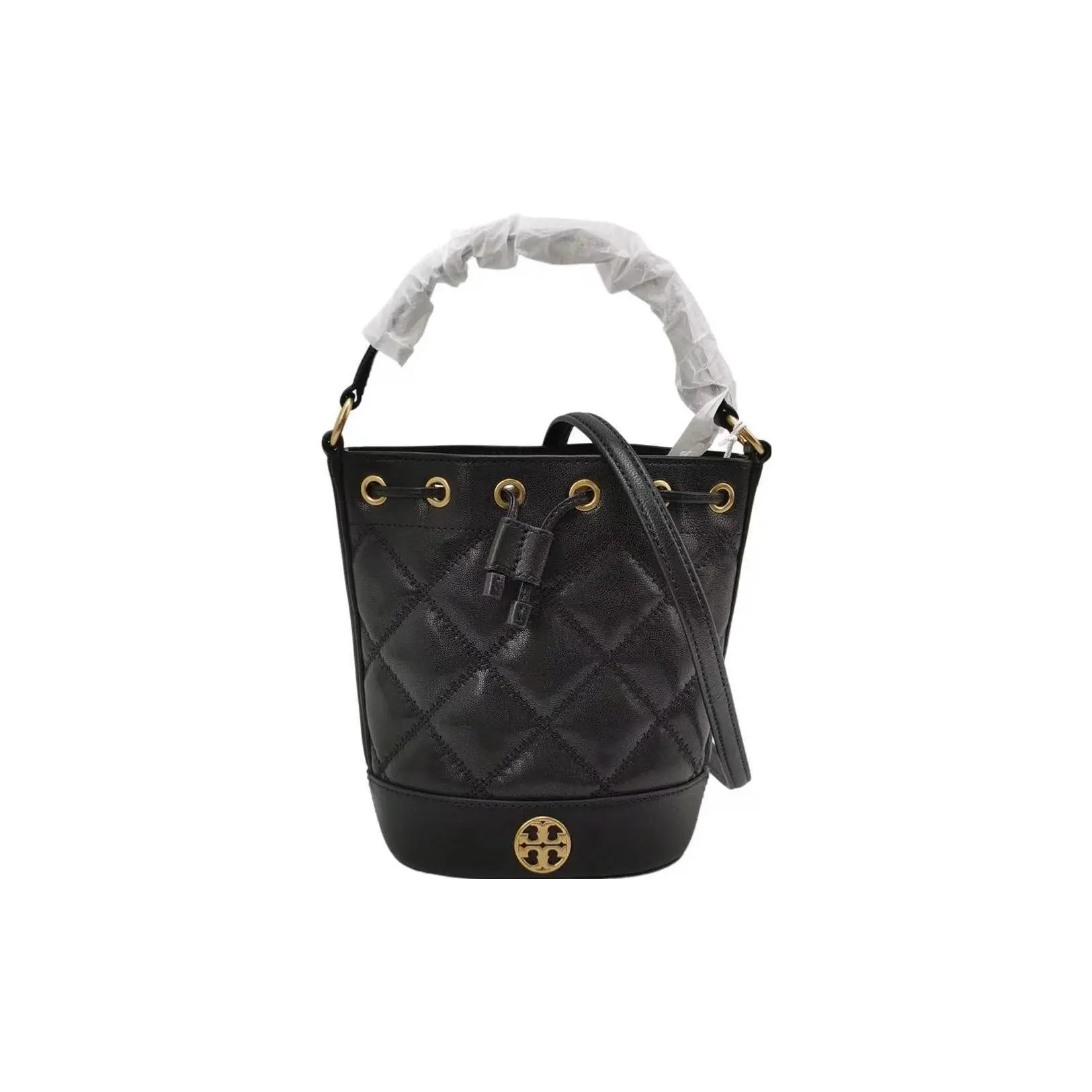 Tory Burch Willa Metallic Double-T Embossed Diamond Quilted Drawstring Bucket Bag with Detachable Chain Strap – Women’s Mini Handbag in Black