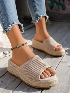 Women's Knit Strap Espadrille Wedge Sandals, Open Toe Platform Slides, Comfortable Slip-On Summer Casual Slippers for Beach Daily Wear