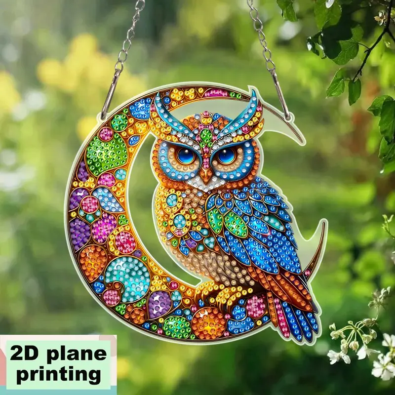 2D Acrylic DIY Diamond Painting Kit, Owl Moon Art, Irregular Shape Diamonds, Home & Outdoor Decor, Perfect Gift for Family Friends