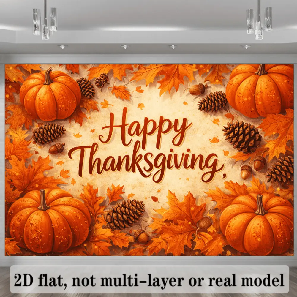 2D Flat Banner Happy Thanksgiving themed polyester photography backdrop, HD printed background cloth with pumpkin, maple leaf and pinecone autumn pattern, soft lightweight foldable, suitable for holiday parties, product photos, po