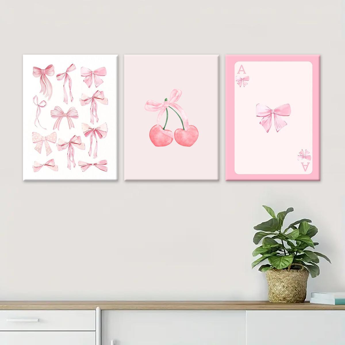 Wooden Framed Canvas Painting, 3 Counts/set Cute Bow Pattern Artistic Wall Art for Girl, Wall Decor for Home Living Room Bedroom Office