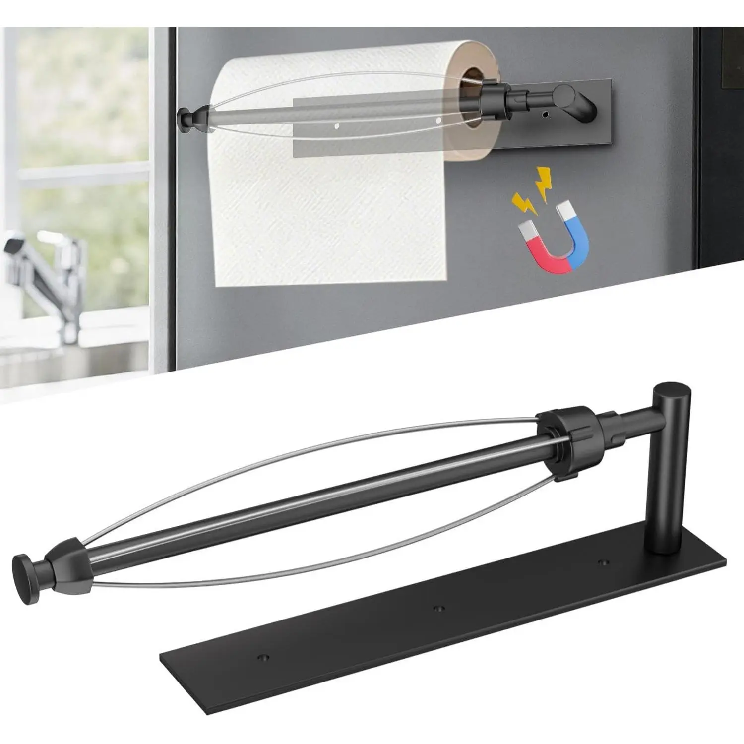 Magnetic Paper Towel Holder: Upgraded Magnet Paper Towel Holder for Fridge Kitchen RV Grill Garage - One-Hand Tear with Adjustable Damping Self Adhesive Wall Mount and Screws - Black