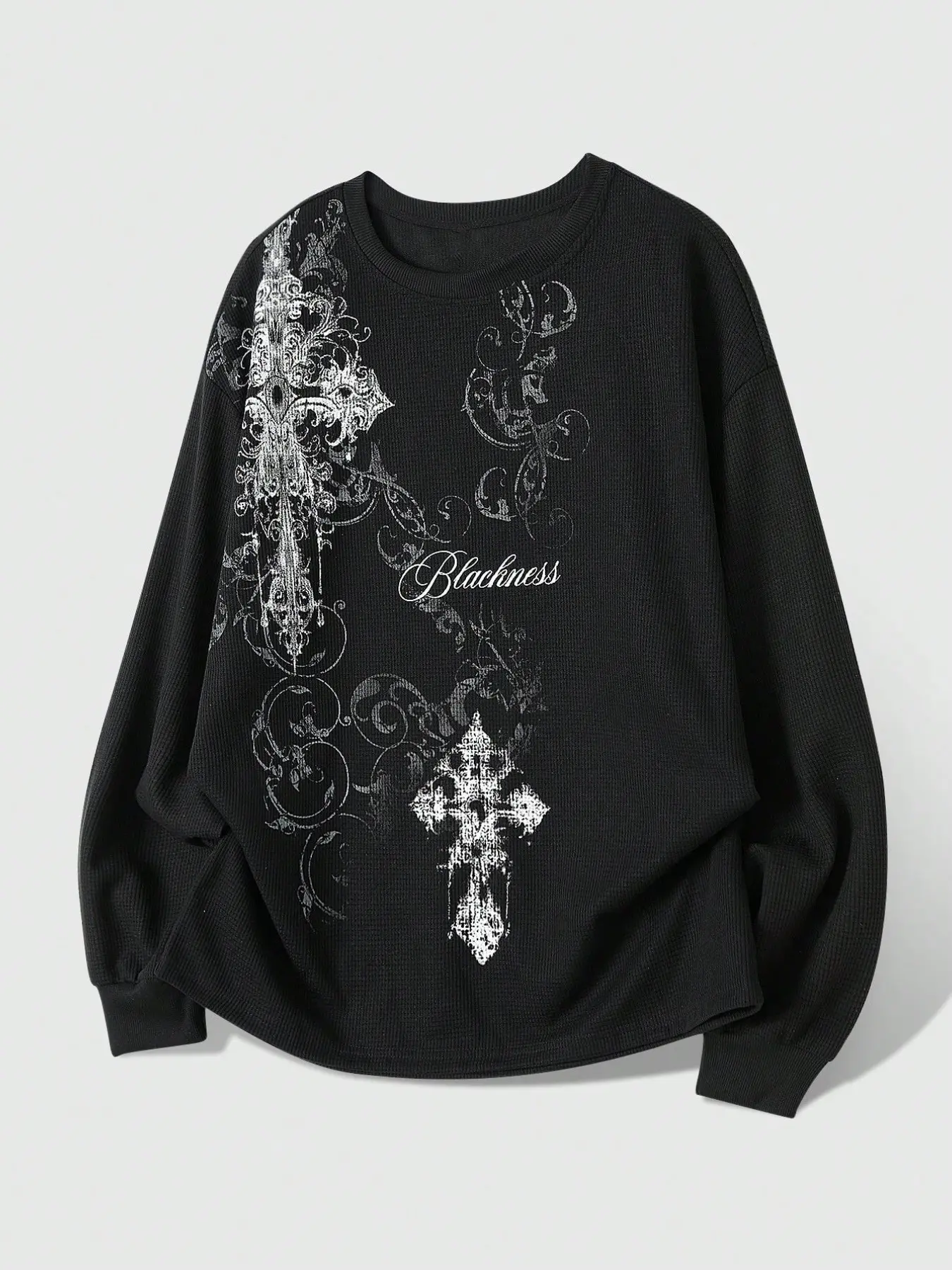 Unisex Loose Drop Shoulder Black Waffle Long Sleeve Crewneck Shirt Soft Skin-friendly Non-fade Printed Top Retro Grunge Baroque Scroll Cross Pattern Alt 90s Streetwear, Casual Graphic Streetwear, Basic Layering Clothes Couple Matching Outfit