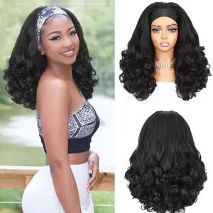 New Women Black Ice Silk Headband Long Curly Wig Fluffy Natural Small Curl Synthetic Full Wig