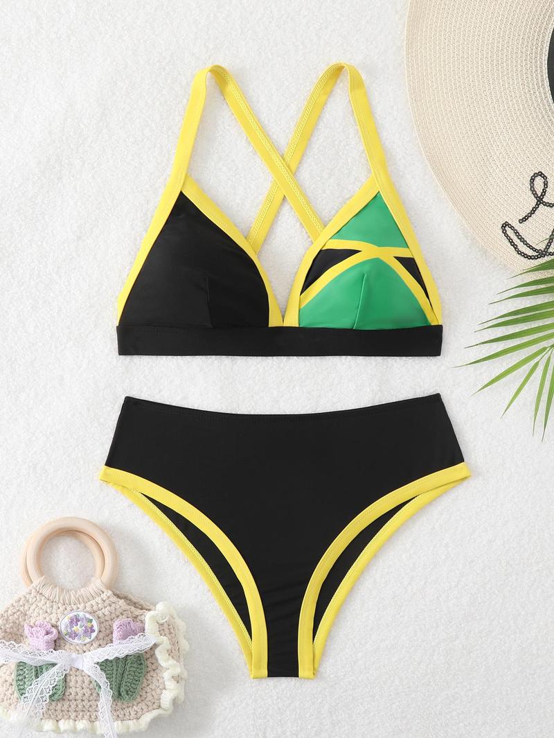 Women's Beach Casual  Holiday Color Block Patchwork High Waist Bikini Set Summer Beach 2 Pieces Bikini
