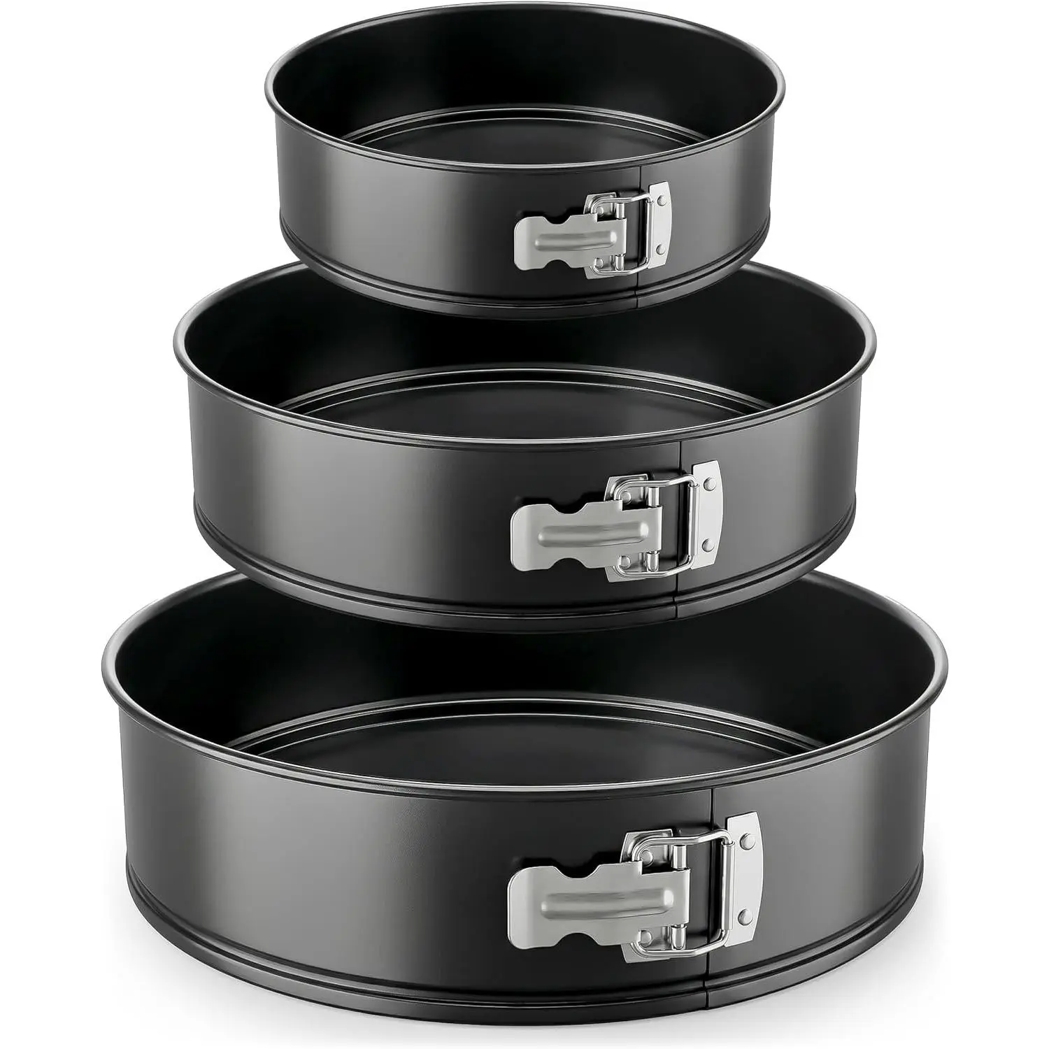 3-Piece Nonstick Springform Pan Set - Premium Carbon Steel Cheesecake Pans with Stainless Steel Clasp - 6", 8", 10" Sizes, Oven Safe up to 450°F - Includes 300pcs Parchment Paper (Black)