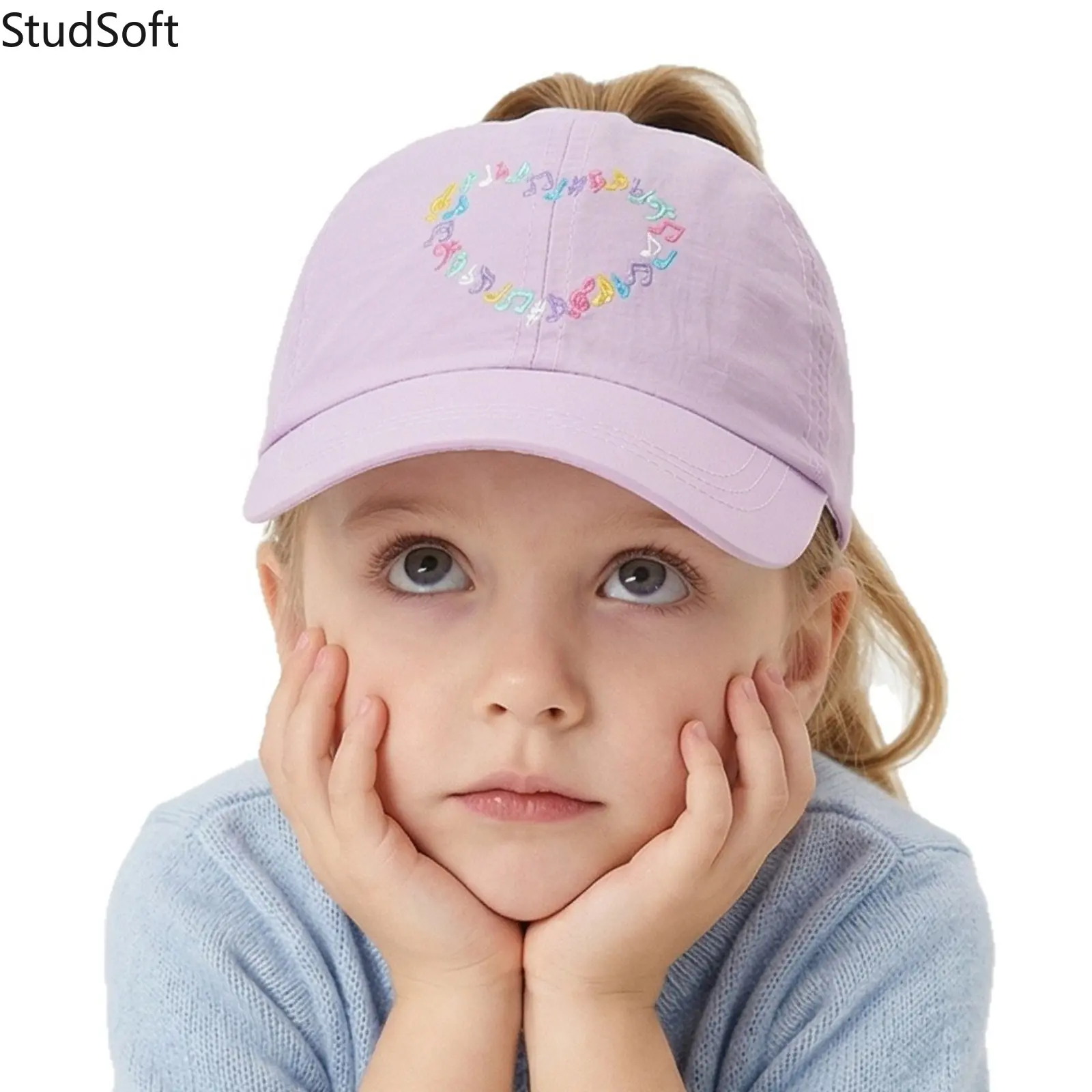 Kids' Cotton Ponytail Baseball Cap with Embroidered Music Note & Heart, Adjustable for Outdoor Casual Sports Wear, Embroidered Adjustable Caps