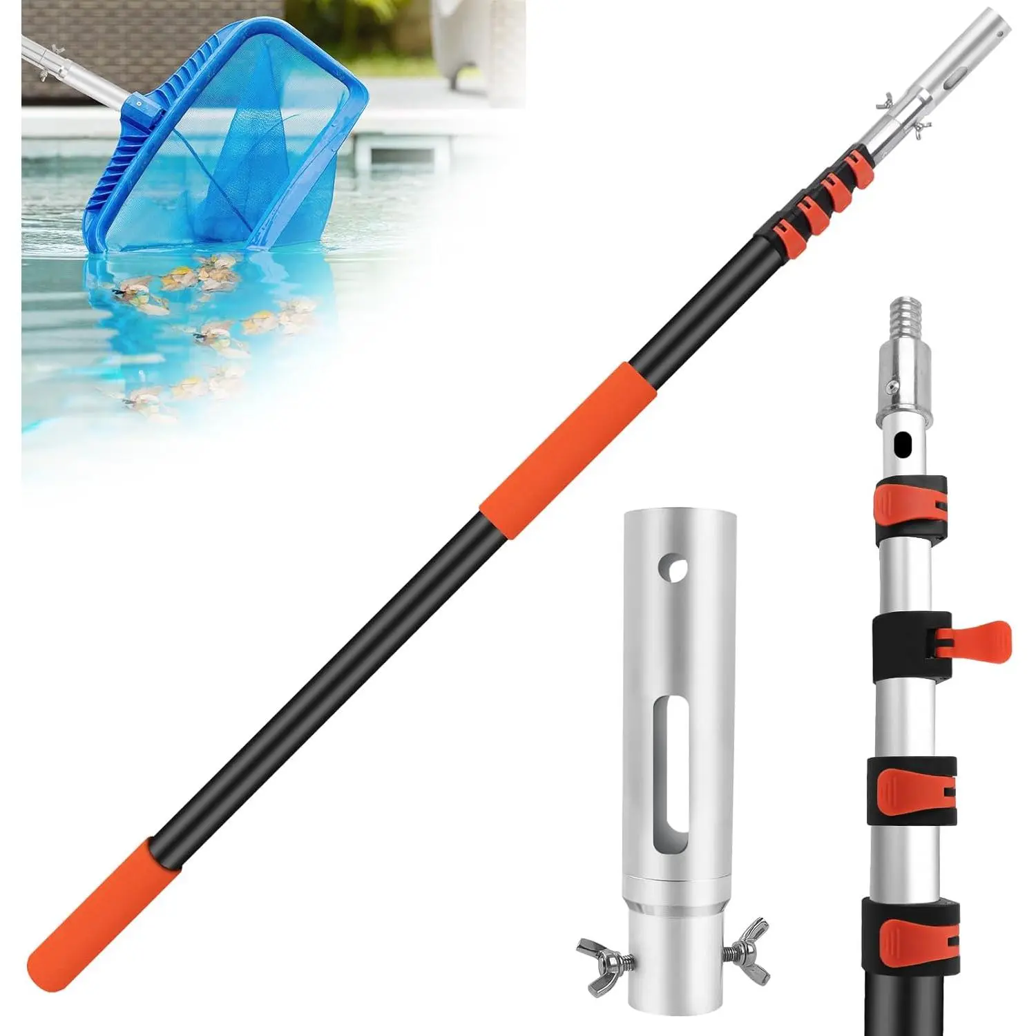 Telescopic Pool Pole, 12FT Extendable Heavy Duty Aluminum Telescoping Cleaning Pole with 4 Baffle Locks, Universal 1.25" for Skimmer Nets, Rakes, Brushes & Vacuum Heads