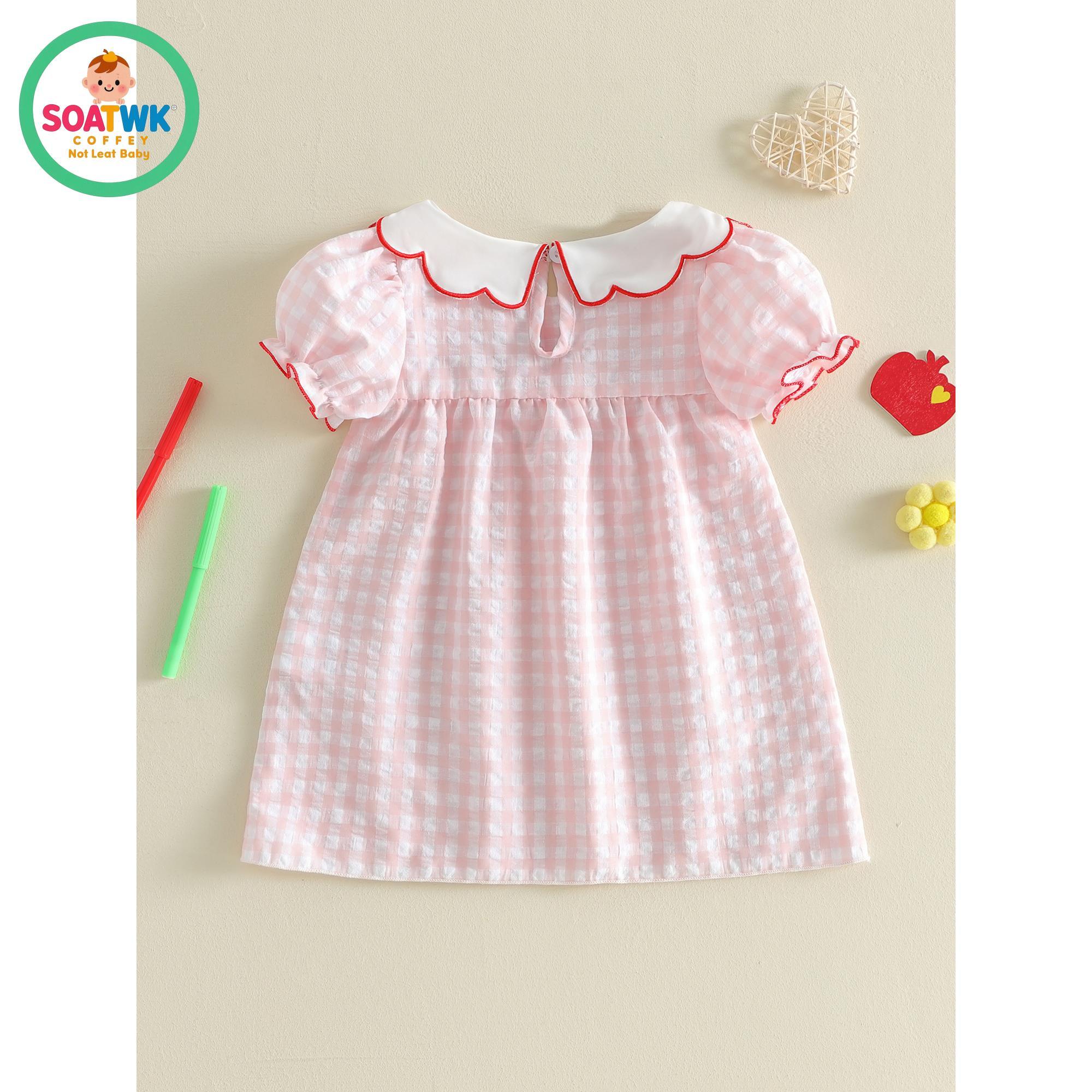 Back to School Dress for Little Girl Puff Short Sleeve Crew Neck Pencil Embroidery Plaid Print A Line Dress