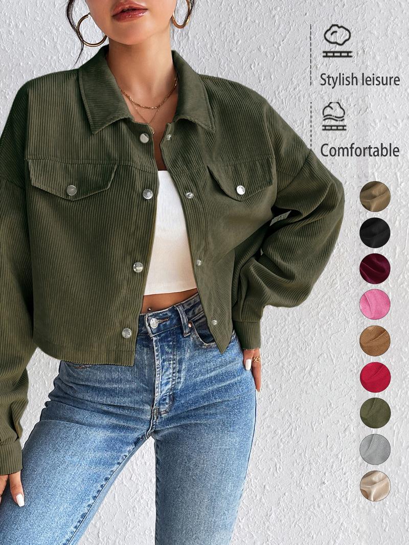 Women's Solid Button Front Drop Shoulder Corduroy Jacket, Casual Long Sleeve Flap Detail Collared Outerwear for Spring & Fall, Ladies Clothes for Daily Wear