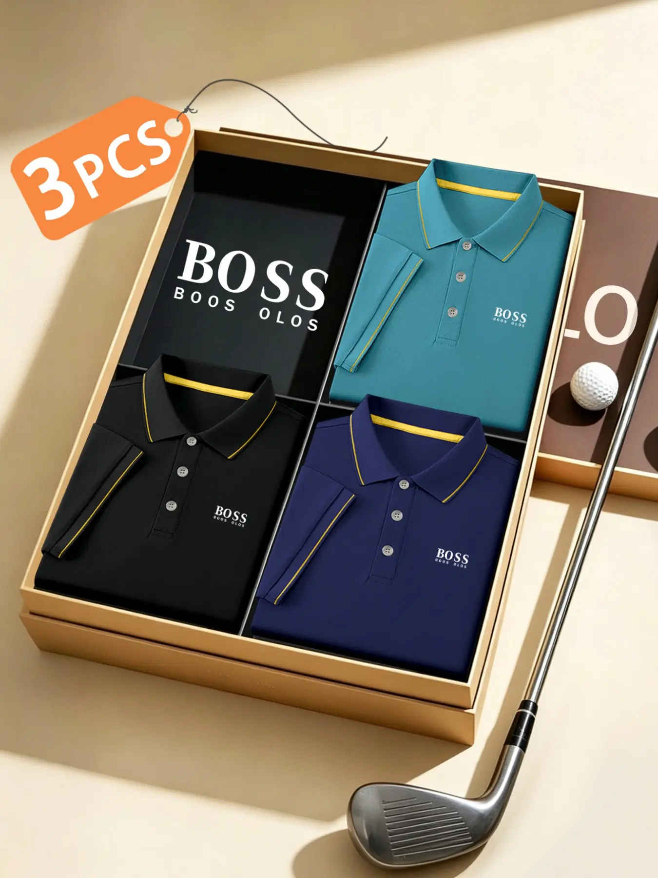 Men's Luxury Golf Polo Shirts, 3-Pack, Boss Logo Print, Fitted Collar, Stretchy, Breathable, All-Season Comfort, High-Quality
