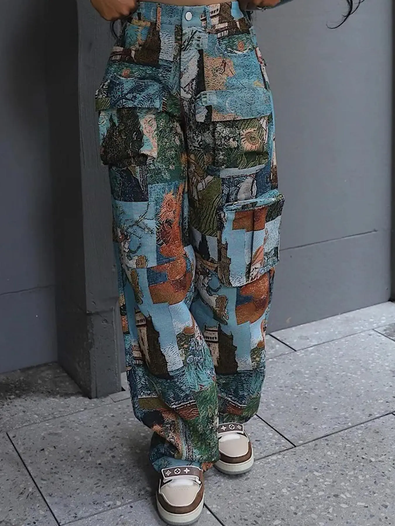 Women's Patchwork Art Print Pocket Cargo Pants, Casual Street Trousers for Daily Wear, Ladies Bottoms for All Seasons, Baggy Pants