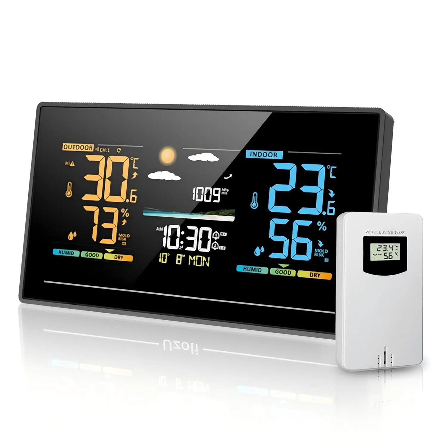 EM3405  Weather Station Indoor Outdoor Thermometer with Remote Sensor, Color Display  Weather Station with Weather Forecast, Atmospheric  , Weather Alert