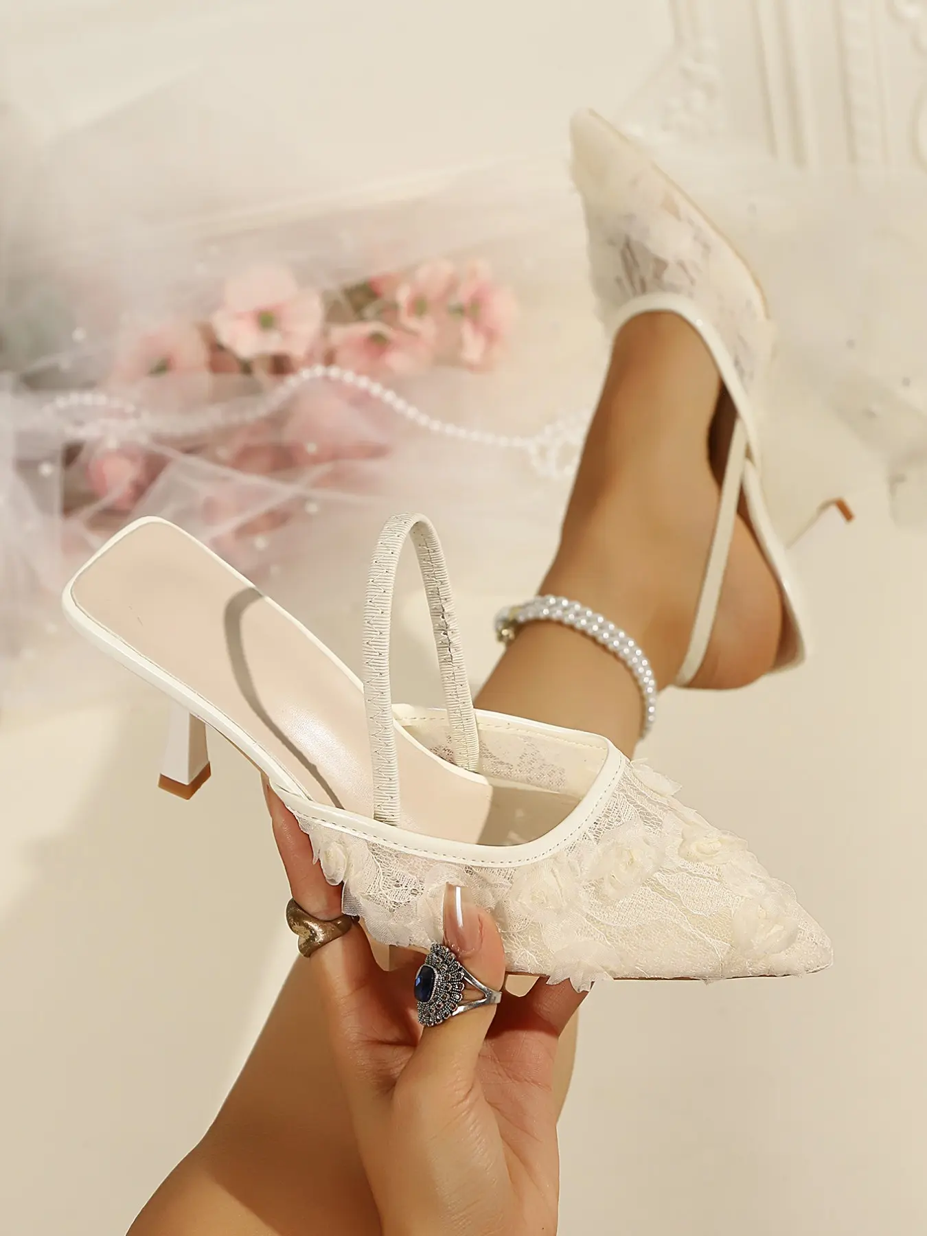 Sweet Lace 3D Rose Pointed Toe Sandals, Elastic Back Strap Open Heel Mules, Romantic Wedding Dress Shoes, Fairy Cool Sandals