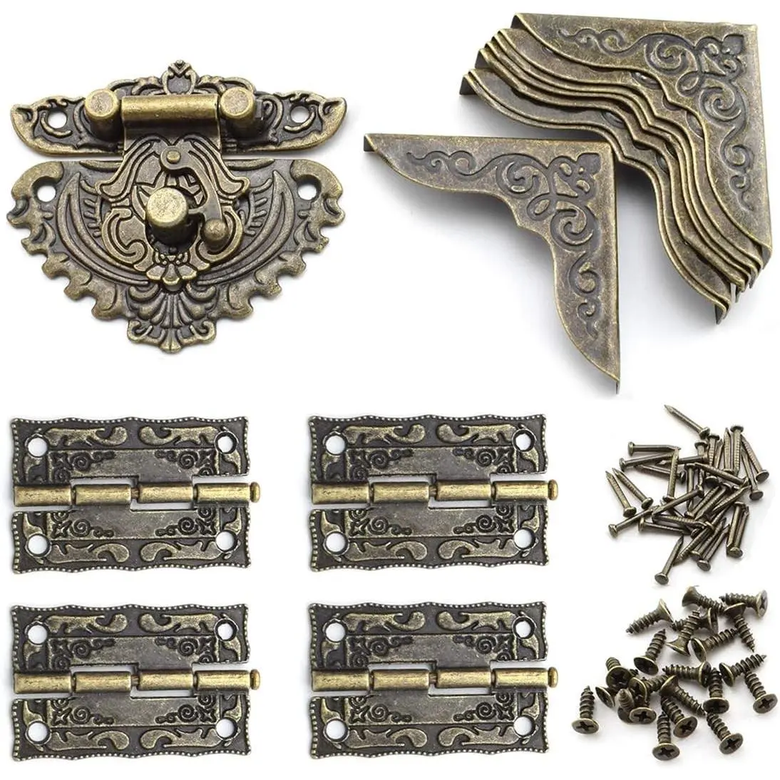 SDTC Tech Antique Engraved Latch Hasp Hinges Box Corner Protectors Hardware Kit for Jewelry Box Decoration and Repair