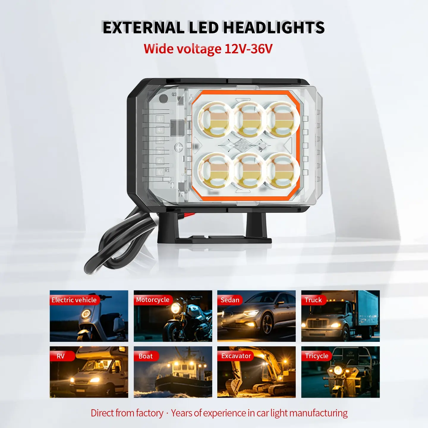 2-Pack Car Off-Road LED Headlights, Dual Beam and Light, Motorcycle Auxiliary Lights, Front Lamp for Scooters