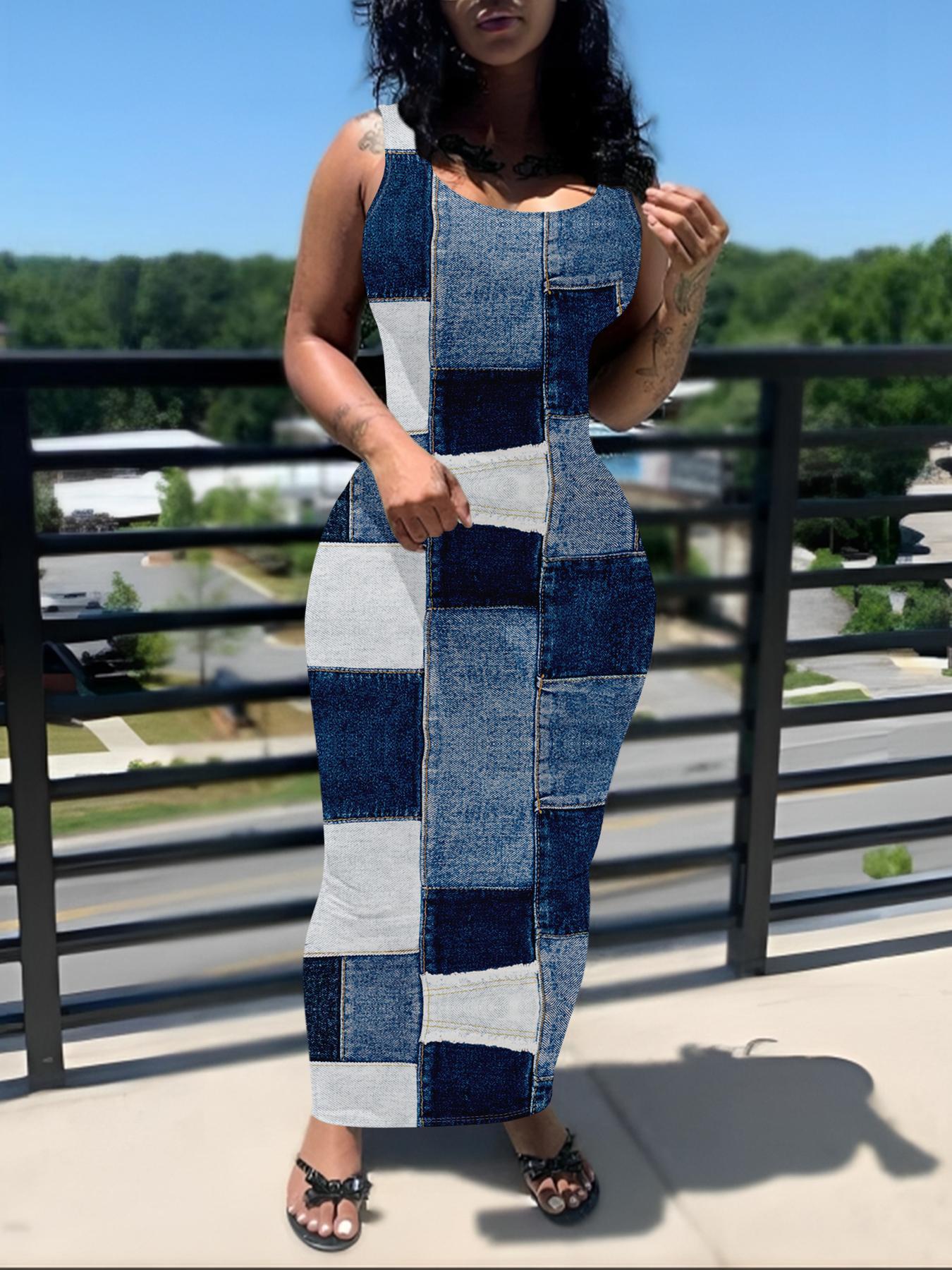 Women's All Over Print U Neck Bodycon Dress, Casual Sleeveless Long Dress for Summer, Ladies Clothes for Daily Wear