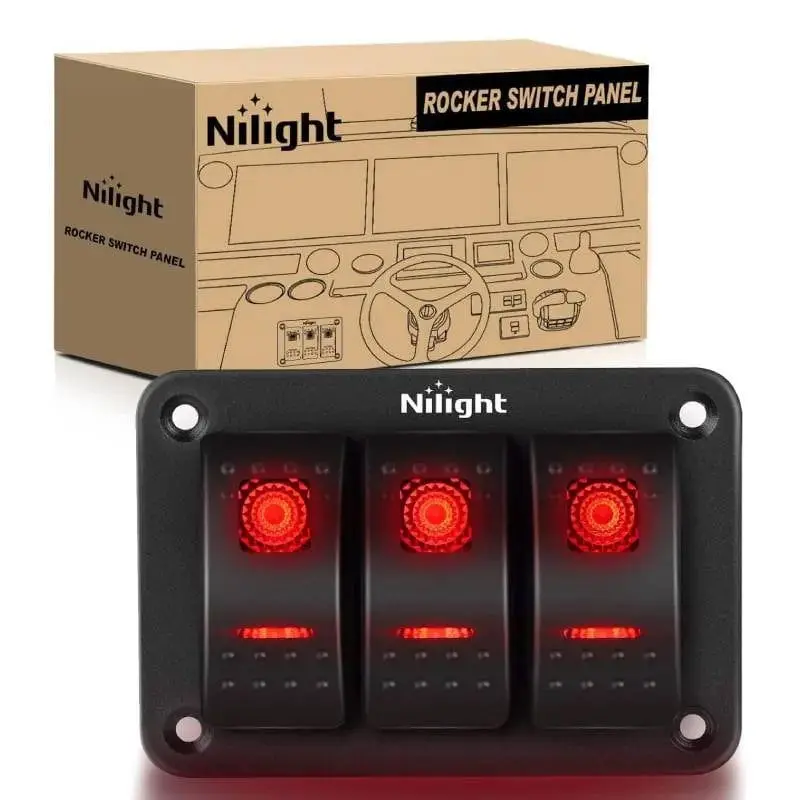 Nilight 3-Gang Aluminum 5-Pin ON/OFF Rocker Switch Panel, 12V and 24V DC Vehicles Fit, 1x Pre-Wired 3 Gang Switch Panel, 1x Screw Sets, 2 Sets of DIY Stickers, Red