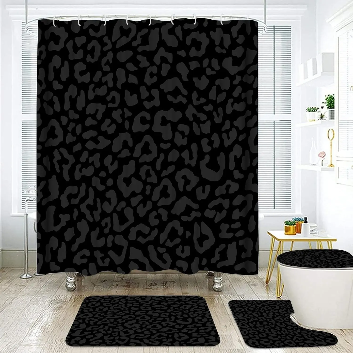 4 Pcs Cheetah Shower Curtain,Black Leopard Animal Print Bathroom Sets,Cheetah Bathroom Decor Set with Shower Curtain and Rugs,Bathroom Sets Complete,Set de baño,with 12 Pcs Hook