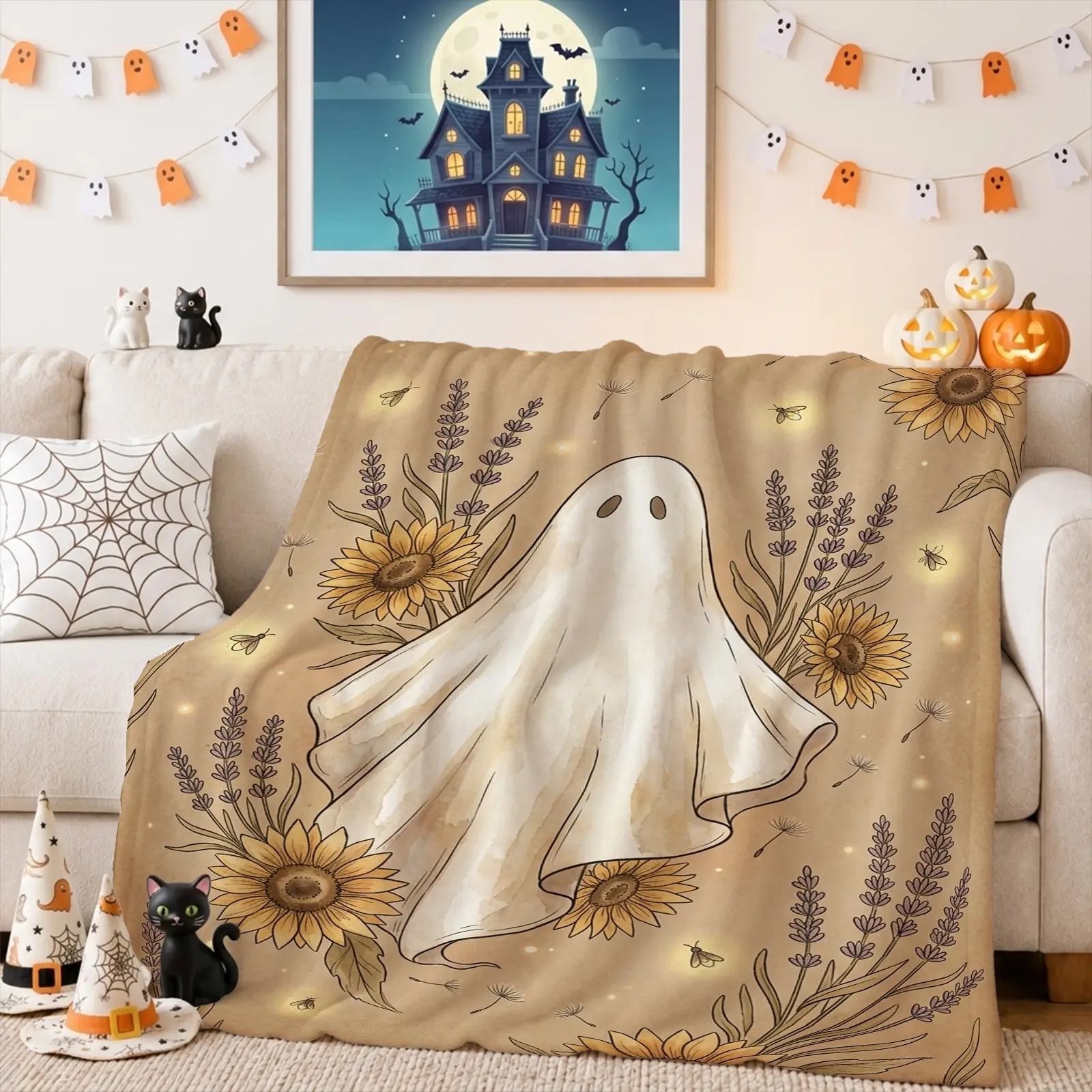 1pc Ghost Sunflower Lavender Blanket, Whimsical Pastel Style, Charming Hand-Drawn Ghost Surrounded by Floral Accents and Soft Glow, for Fall Decor Sofa Living Room and Halloween Home Decor