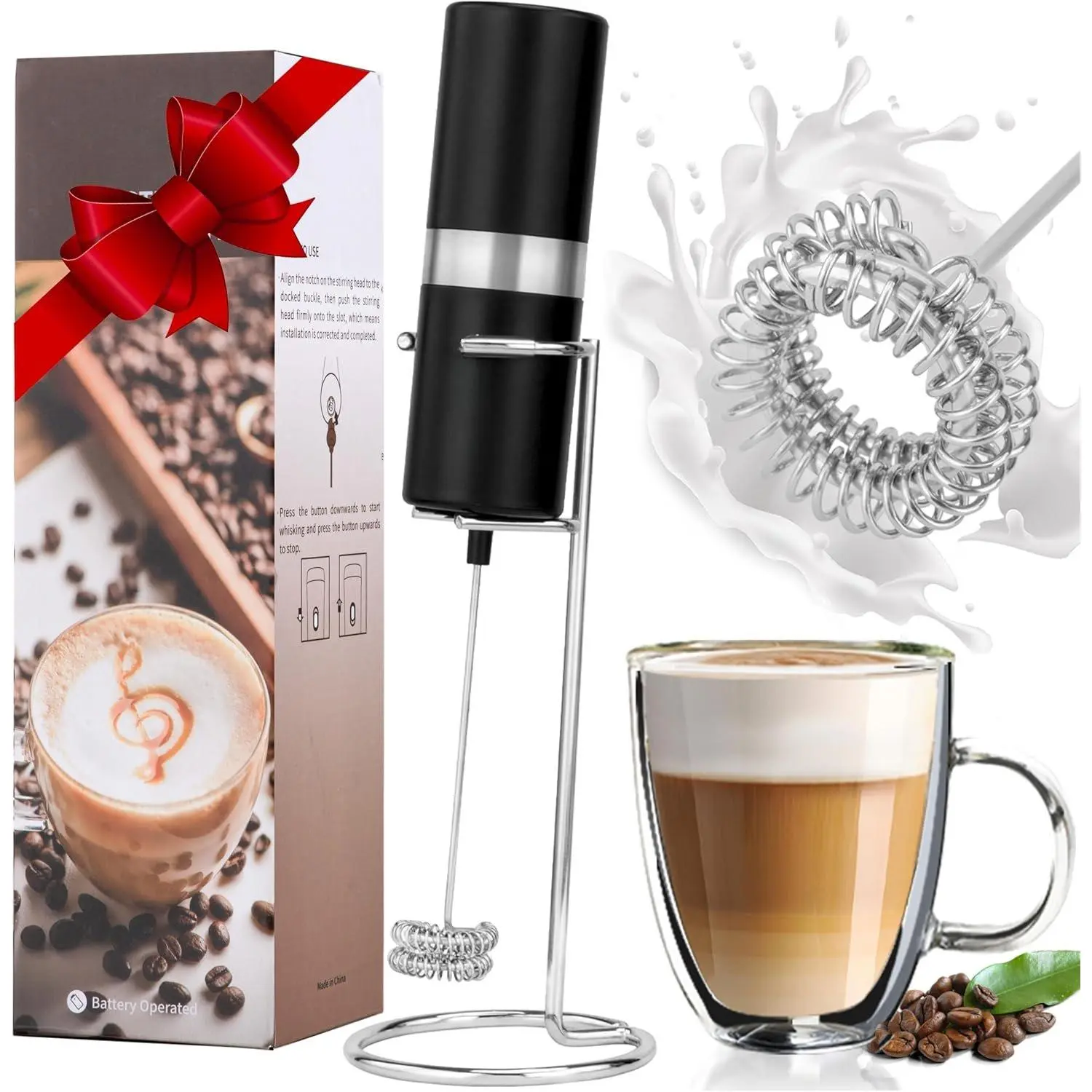 Milk Frother Handheld  Operated, Double Whisk  Frother Maker with Stainless Steel Stand, Drink Mixer For Coffee, Lattes, Matcha, Cappuccino (13000RPM  Operated)