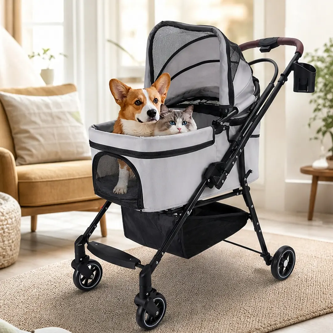 ARCH 4-Wheel Foldable Pet Stroller for Small Dogs & Cats, 360° Swivel Wheels, Separable Carrier, Travel Bag, Metal Grey Frame, Adjustable Canopy, Cup Holders, Storage Basket, Built-in Safety Leash Clips, 15 lb Capacity, 31.1 l x 7.9 w x 18.9 h in, Sun Pro