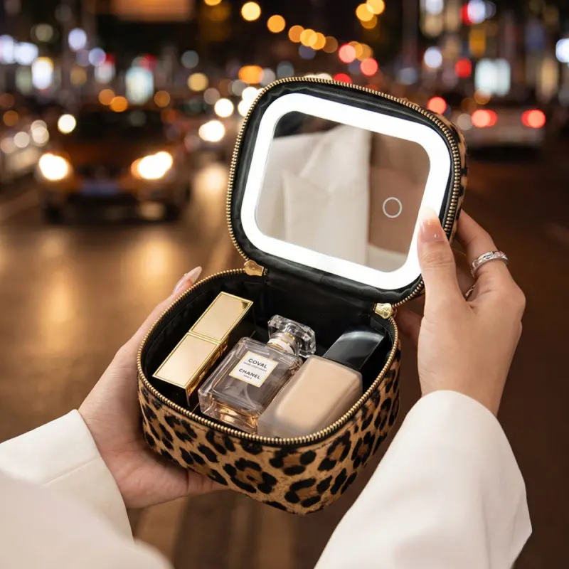 Portable Waterproof PU Leather Travel Cosmetic Bag with With Attached Mirror, Mini Makeup Organizer, Makeup Pouch for Women, Multi Colors: Black, Pink, Beige