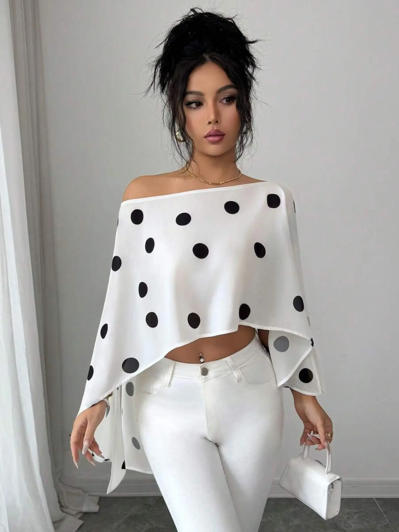 Elegant Polka Dot Print Asymmetric Ruffle Neck Shirt Blouse, Casual Multifunctional Top for Daily Wear, Party, Summer, Fall Fashion