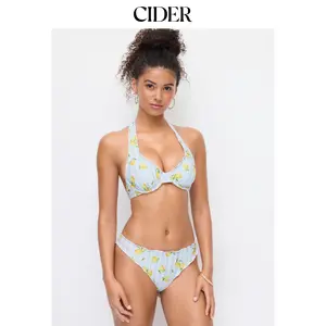Cider Halter Neckline Lemon Striped Lettuce Trim Low Rise Bikini Set