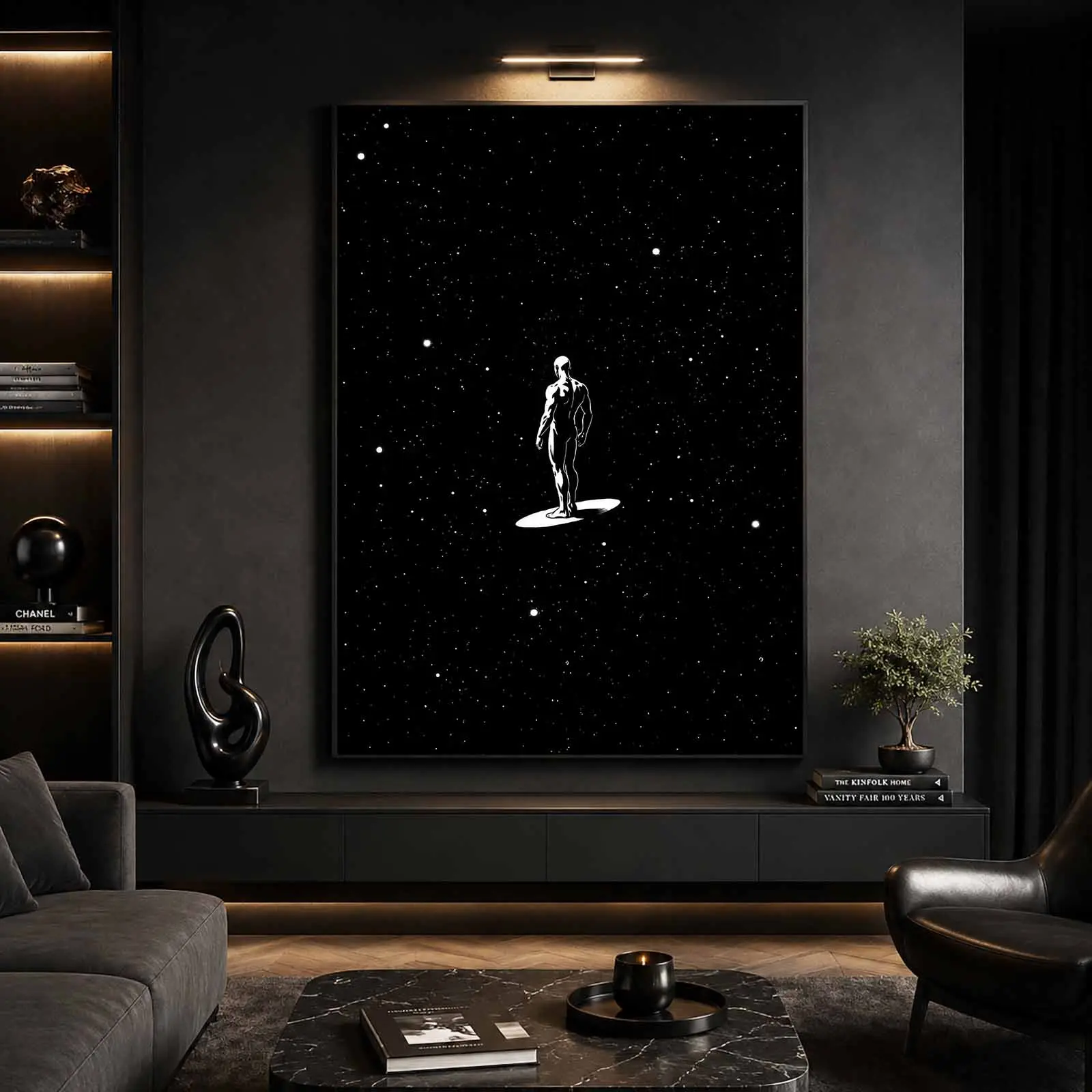 Framed Minimalist Space Wall Art Canvas Poster - Cinematic Black Star Man Floating Design, Modern Luxury Aesthetic Home Decor for Living Room, Bedroom, Ready to Hang (8"x12", 08x12inch(20x30cm), 12"x18", 16"x24", 20"x30"), Secure, High-Definition
