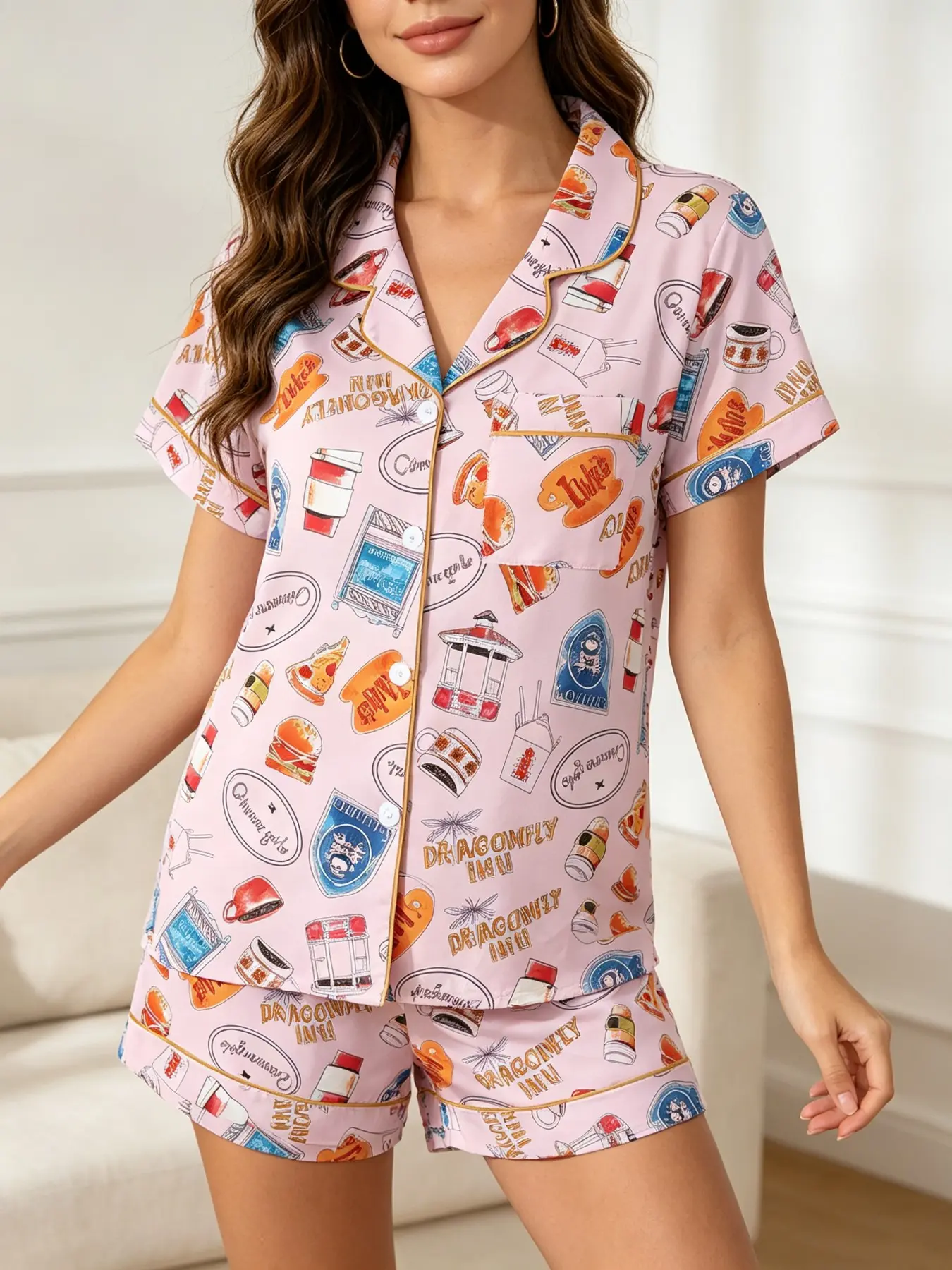 Women's Cartoon Coffee Cup Burger Print Pajama Set, Casual Fitted Short Sleeve Top and Shorts, Light, All Seasons, Pjs, Loungewear